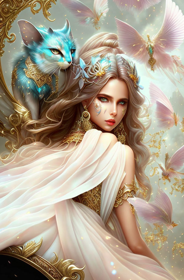 Fantasy illustration of woman in white robes with blue fox and pink butterflies