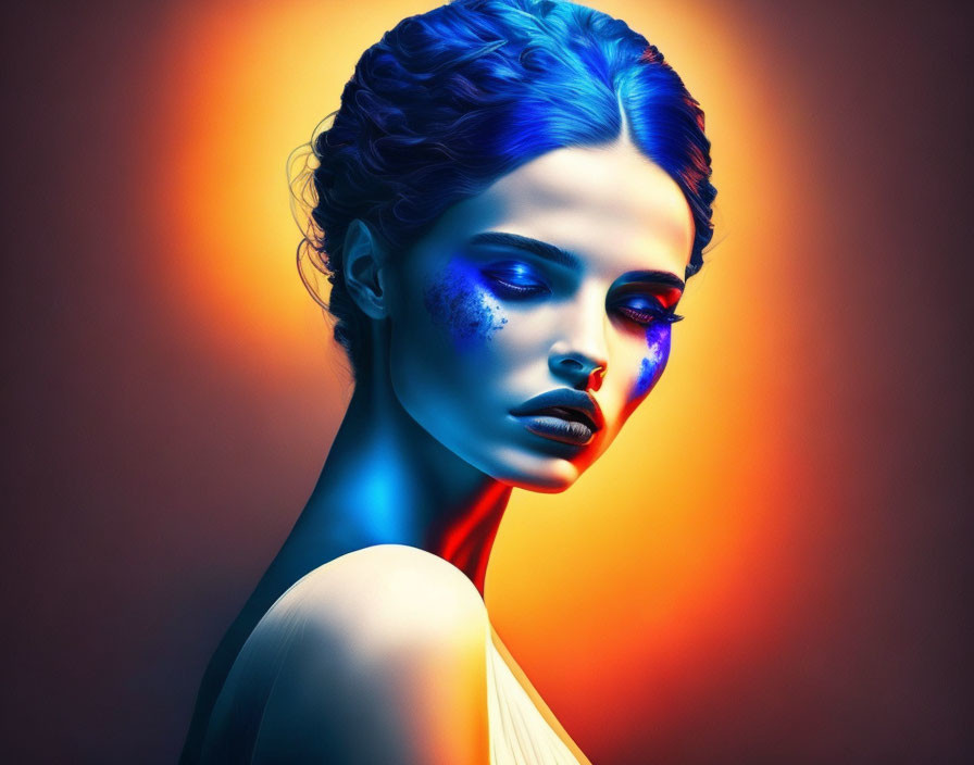 Stylized portrait of woman with blue skin, dramatic makeup, and elaborate hair on warm gradient.