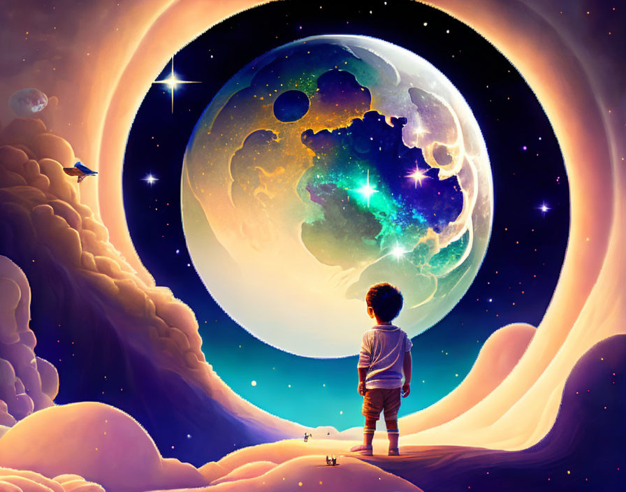 Child gazes at vibrant moon in dreamy sky with stars and distant planet