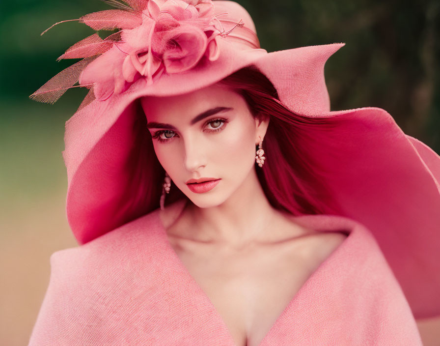 Woman with Blue Eyes in Pink Hat and Garment Poses Against Green Backdrop