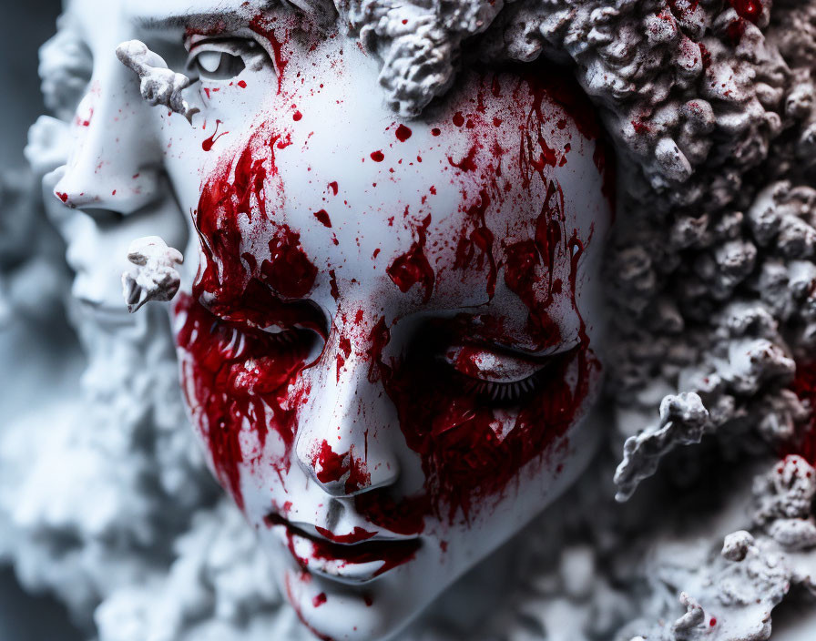 Dramatic white texture with red splashes make-up close-up