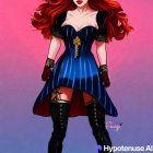 Red-haired person in blue and black corset dress with gloves, choker, and boots on pink