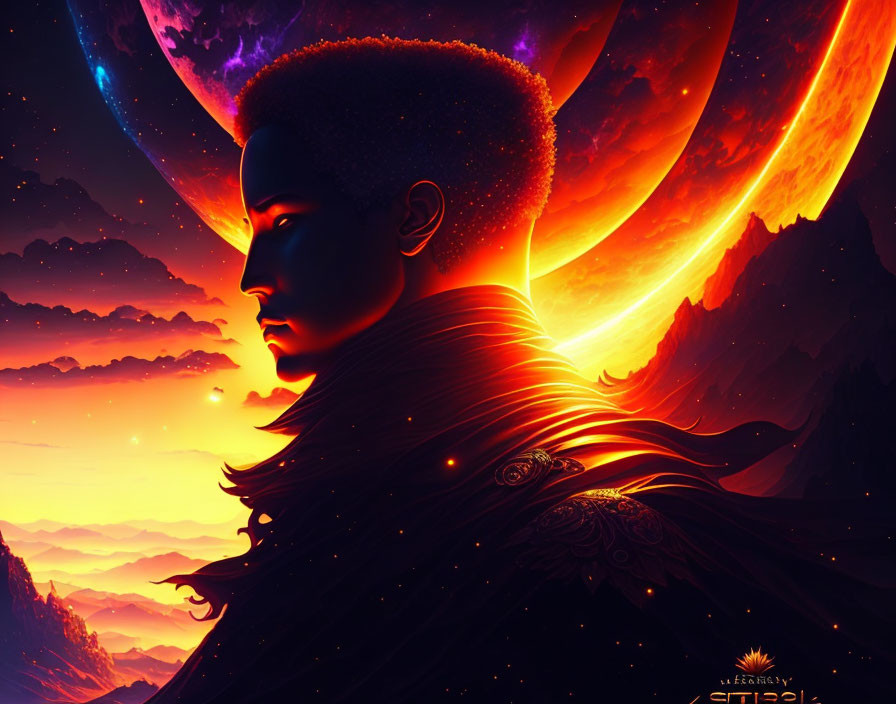 Profile silhouette with afro in surreal cosmic scene