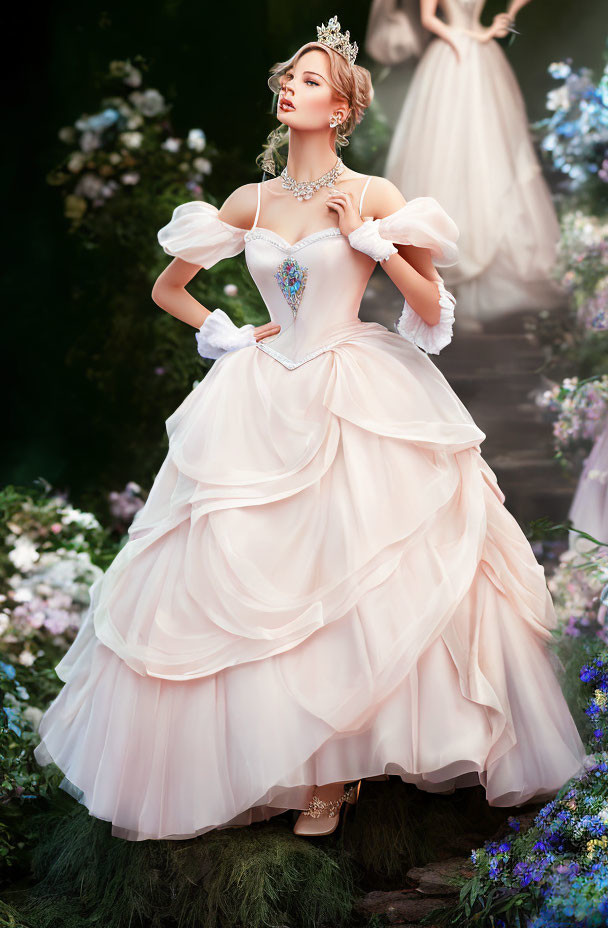 Elaborate ball gown woman posing among flowers in soft-focus scene