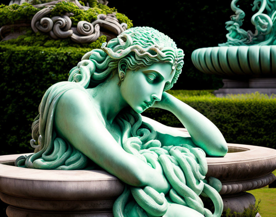 Verdigris Bronze Statue of Serene Woman in Lush Garden