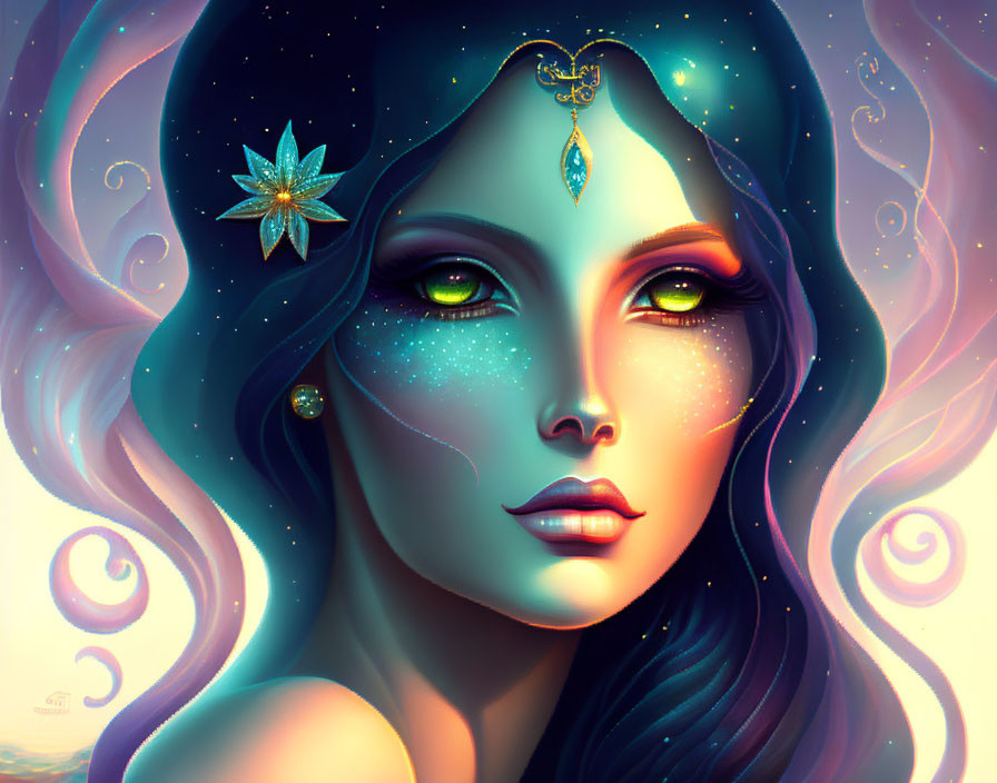 Illustration of woman with cosmic features and green eyes, adorned with celestial jewelry