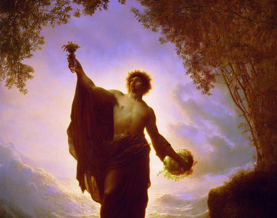 Classical Painting: Young Man with Laurel Wreath and Grapes at Dawn or Dusk