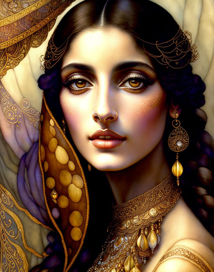 Portrait of woman with dark hair in gold jewelry and veil