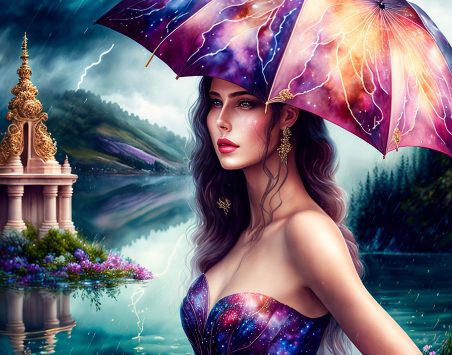 Woman with galaxy-themed umbrella and dress by lake with lightning striking near classical structure