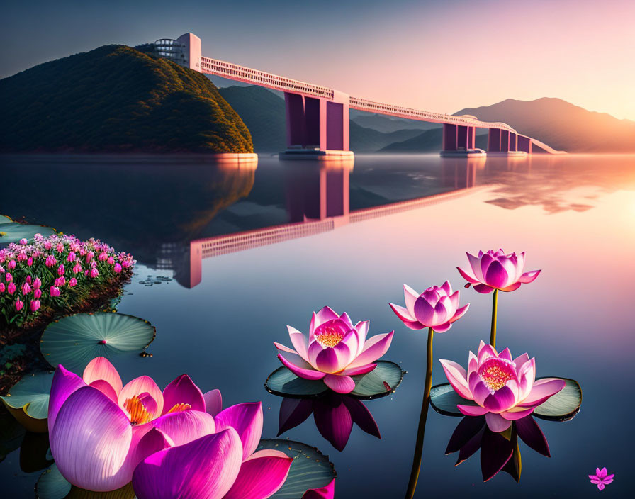 Tranquil lake scene with lotus flowers, bridge, hills at sunrise/sunset