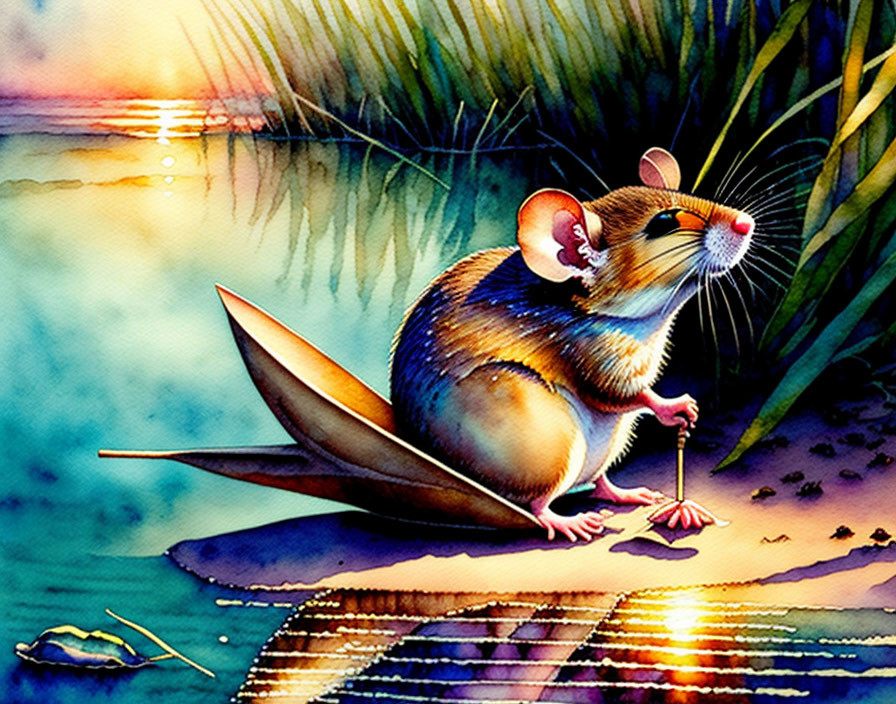 Colorful Sunset Illustration: Whimsical Mouse on Leaf Boat with Paddle