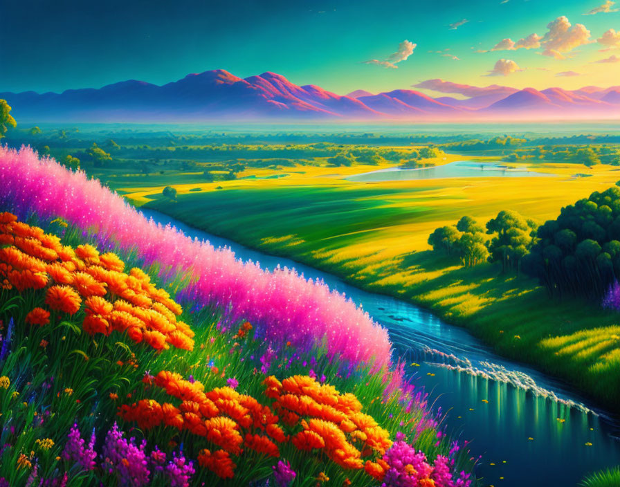 Colorful Flowers, River, Fields, Purple Mountains, Orange Sky Landscape