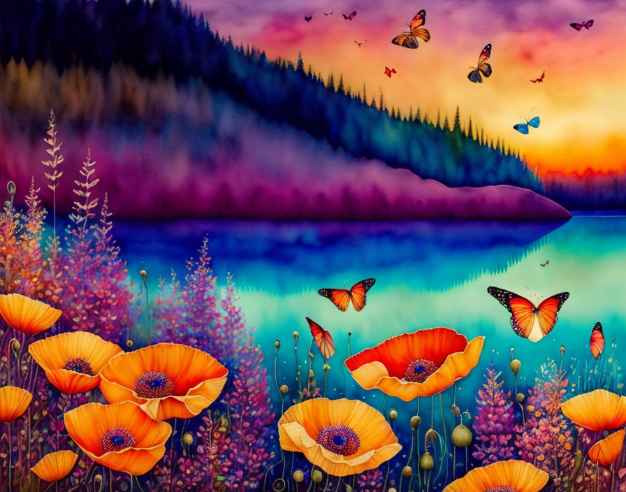 Colorful painting of poppies by a serene lake at sunset