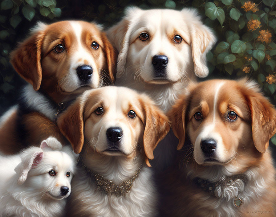 Four Dogs Posed Together with Expressive Eyes and Green Foliage Background