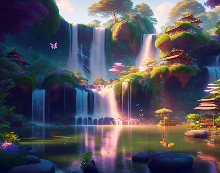 Fantasy landscape with waterfall, pagodas, butterflies, and pond