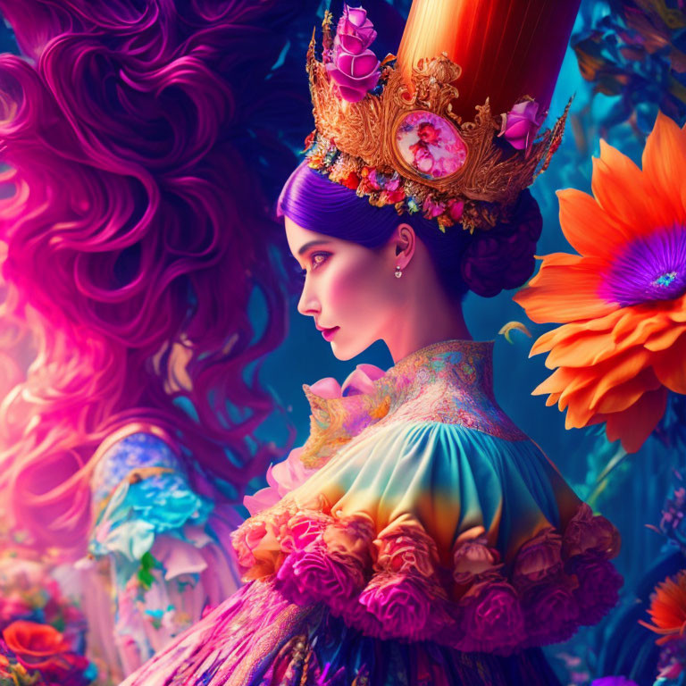 Colorful profile view of woman with purple hair and ornate crown, surrounded by vibrant flowers.