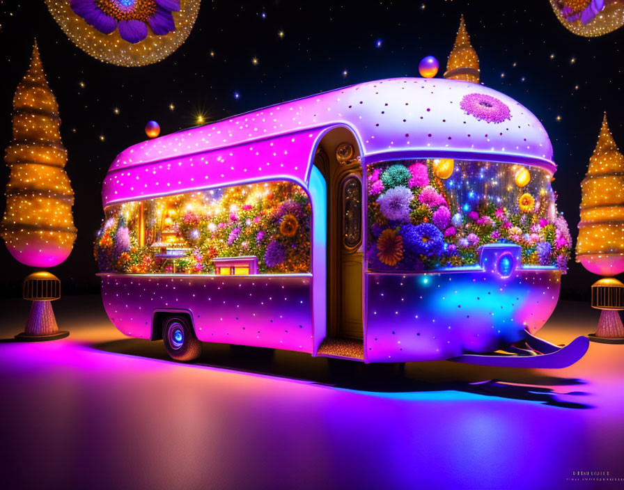 Fantasy camper with bright lights, flowers, trees, stars at night