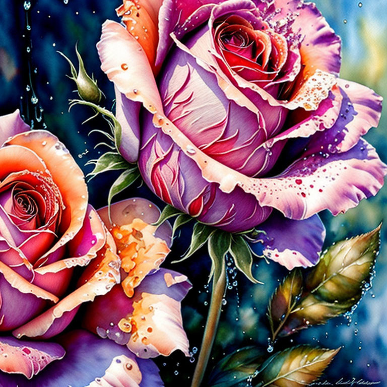 Colorful dew-kissed roses in purple and pink hues with green leaves on blue bokeh background