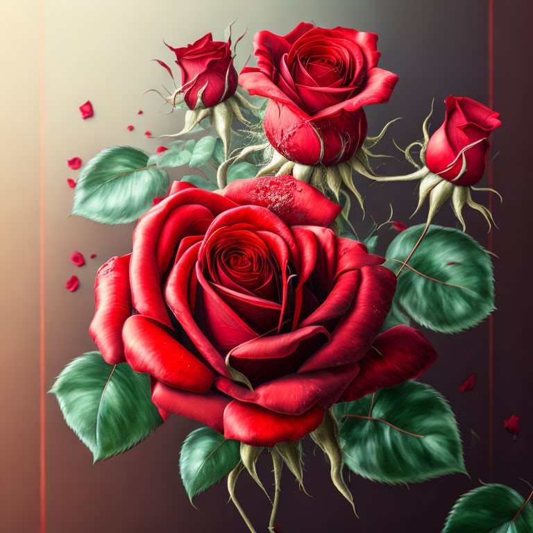 Colorful digital artwork: Red roses in full bloom on dual-tone backdrop