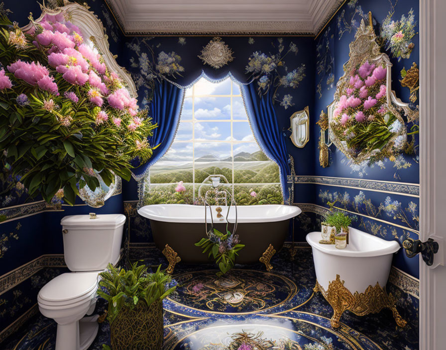 Luxurious blue and gold bathroom with freestanding tub, ornate decor, and hill view