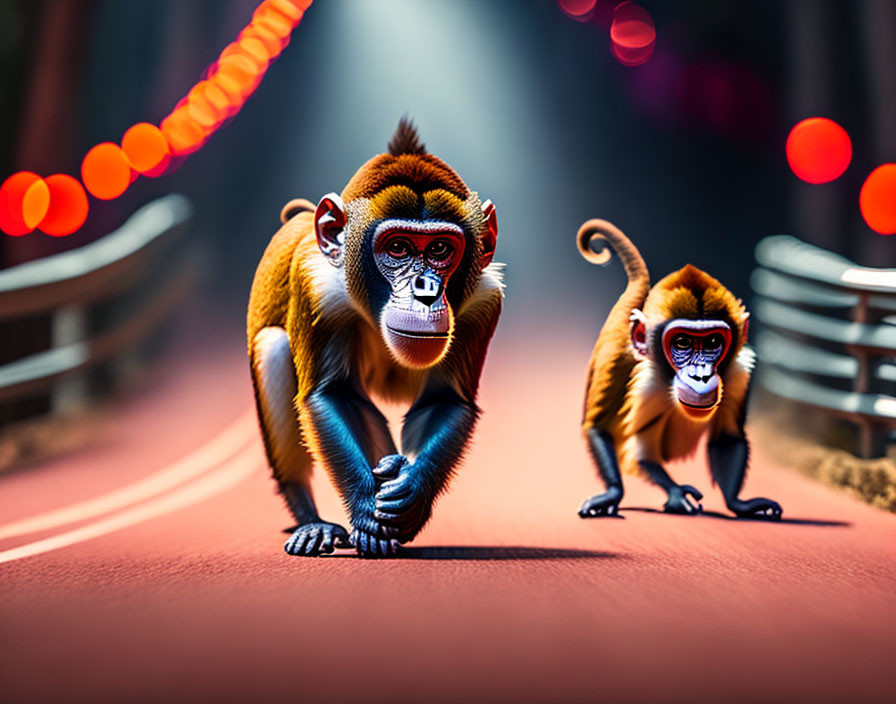 Vibrant mandrill monkeys on red surface with circular lights background