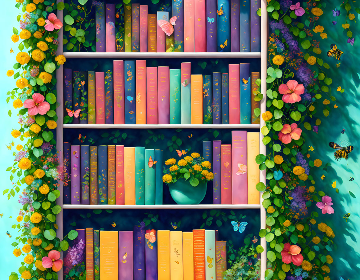 Colorful Bookshelf Embedded in Wall with Floral Decor and Butterflies