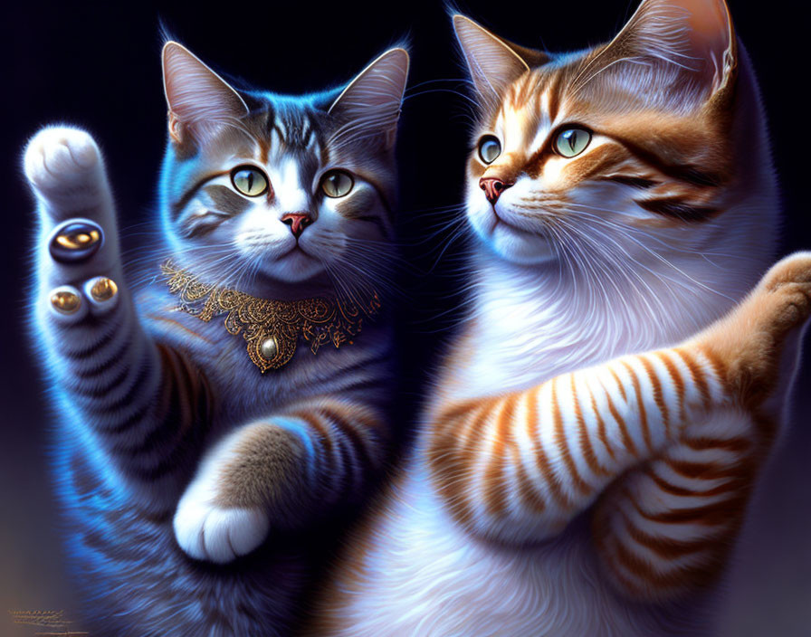 Ornately adorned gray and orange striped cats in whimsical pose