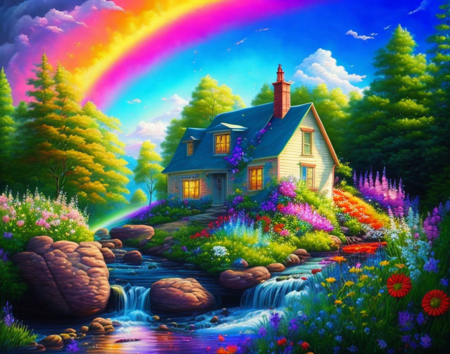 Colorful illustration: quaint house, stream, flowers, trees, rainbow