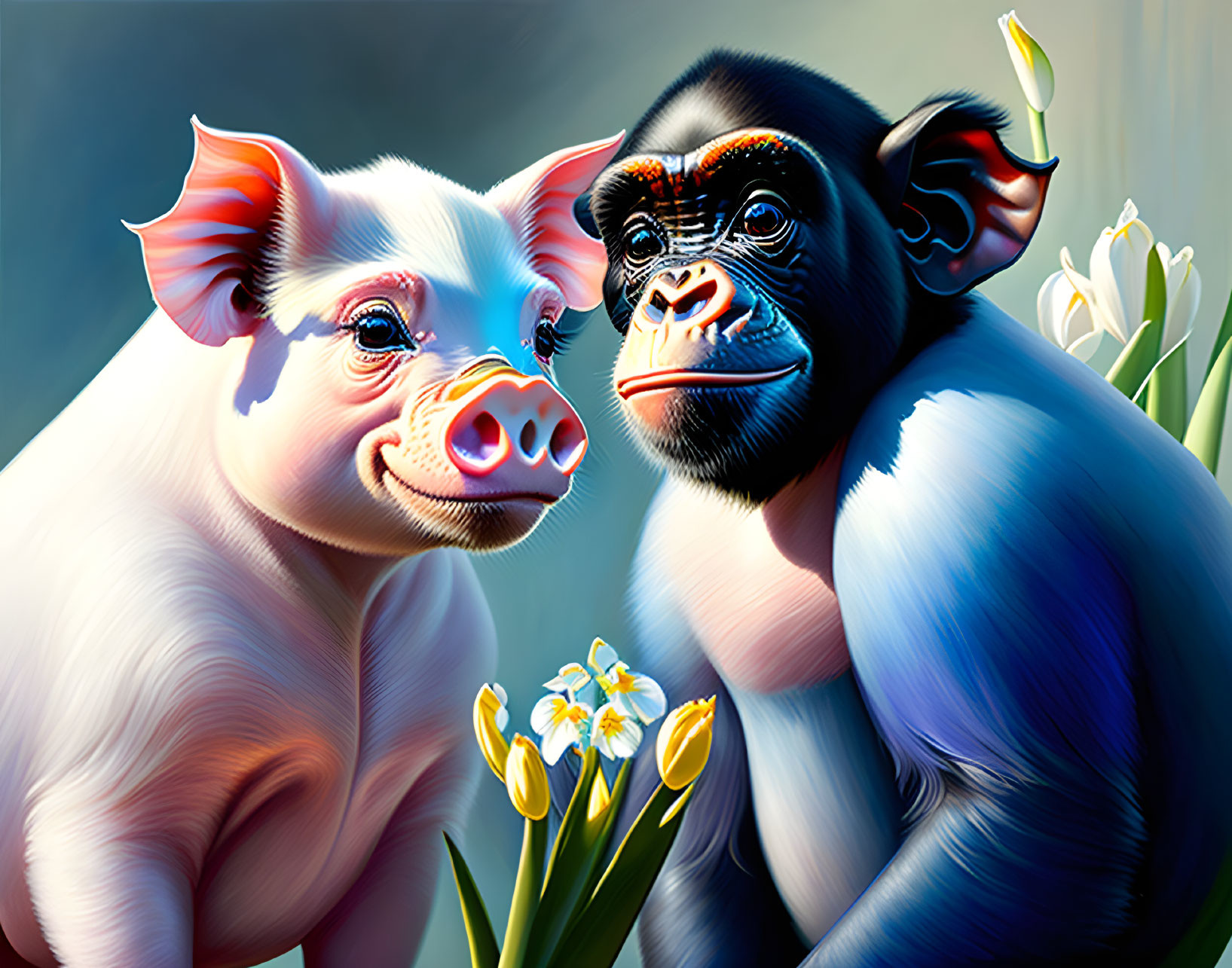 Piglet and young chimpanzee with tulips in vibrant illustration