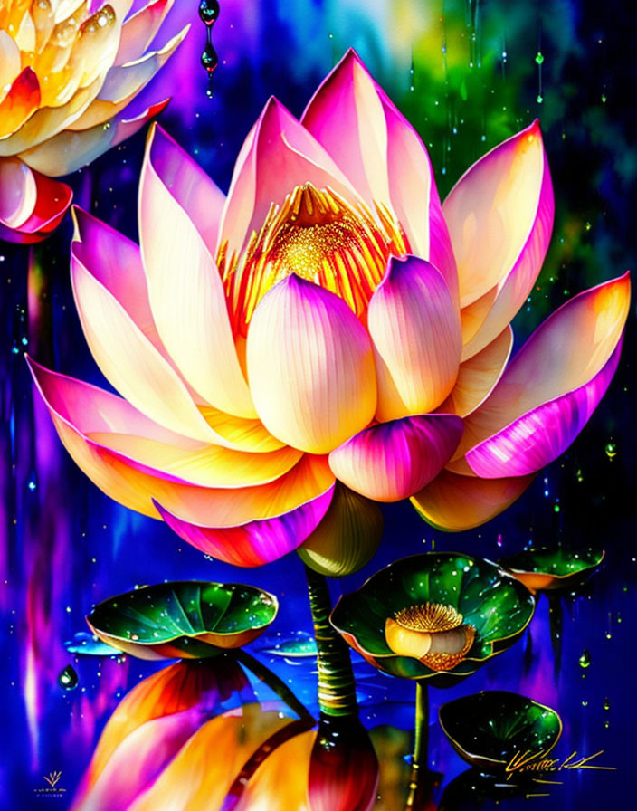 Colorful Lotus Flower Digital Artwork with Pink, Purple, and Yellow Hues