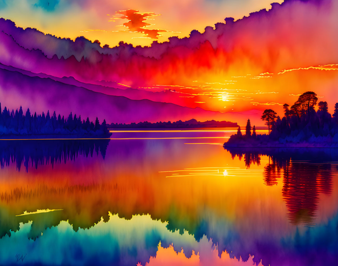 Colorful Sunset Reflection on Tranquil Lake with Silhouetted Trees