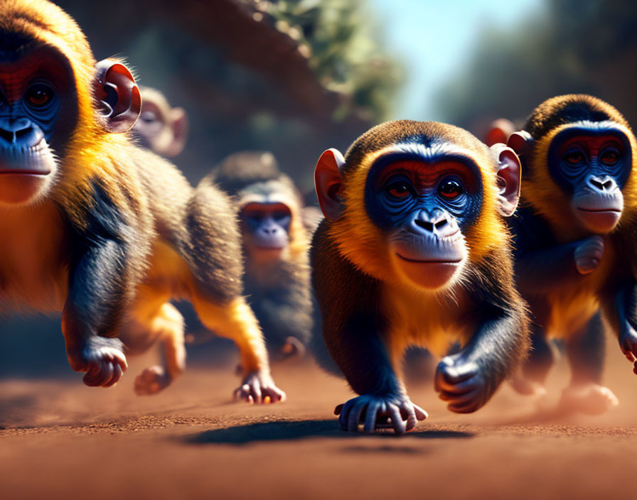 Animated monkeys race on dusty track with determined leader