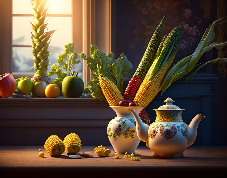 Vegetables, teapot, jug on wooden table at sunset