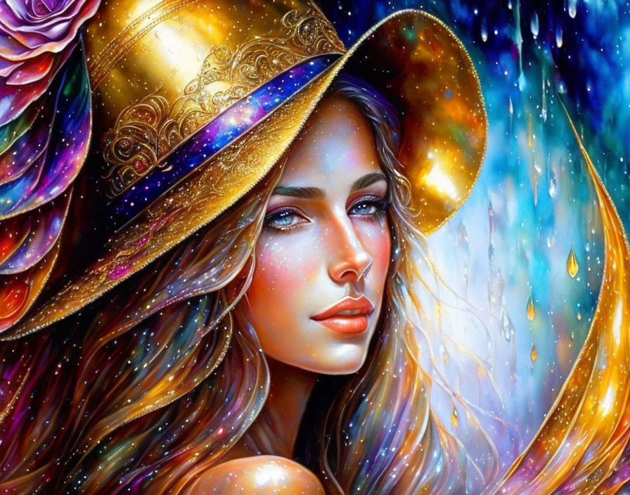 Digital artwork of woman with golden hat and cosmic background