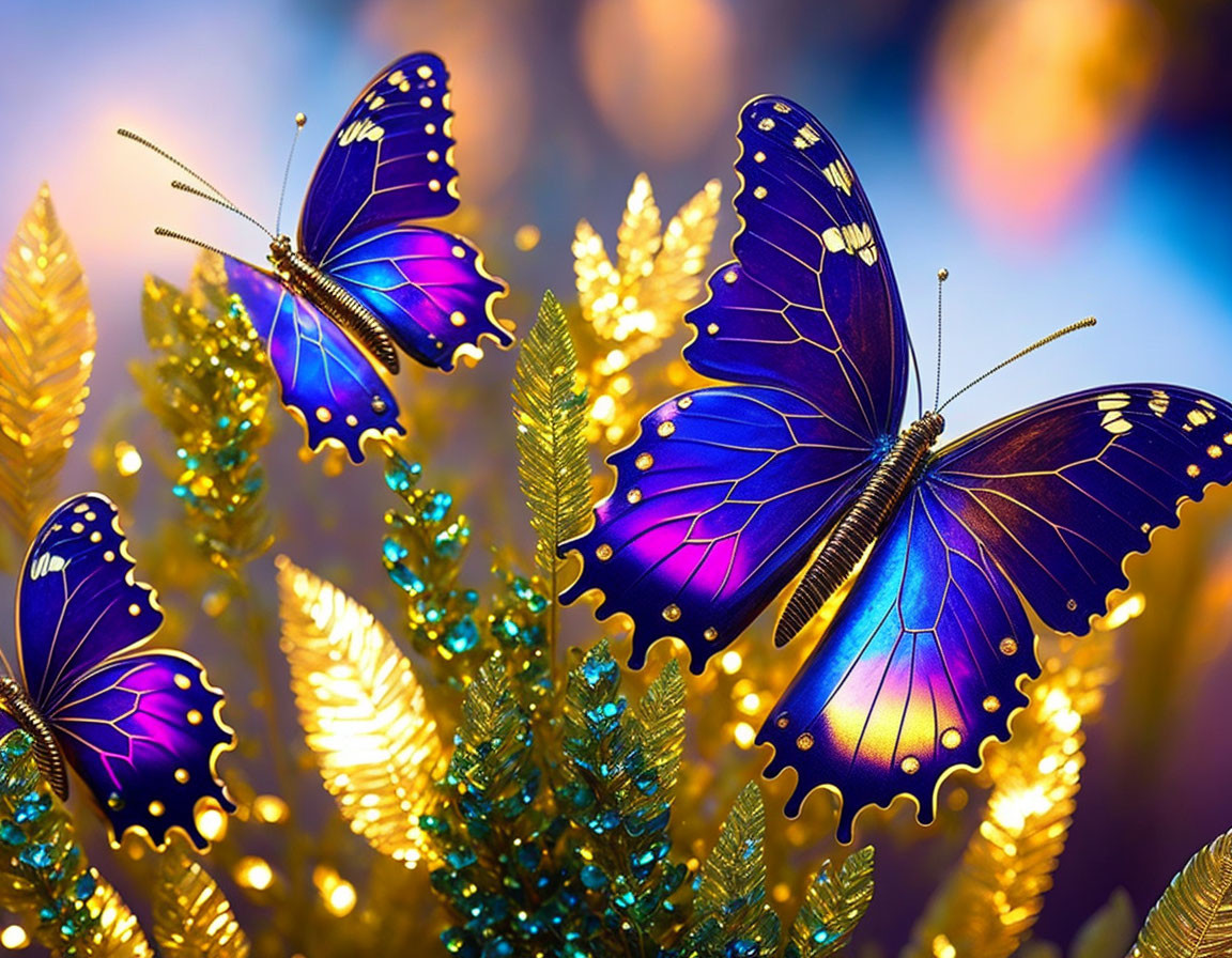 Colorful Blue Butterflies on Golden Leaves Against Multicolored Background