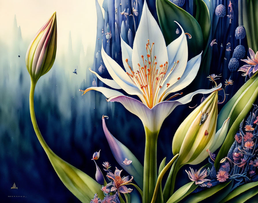 Detailed White Lily Illustration with Flora and Dreamy Background