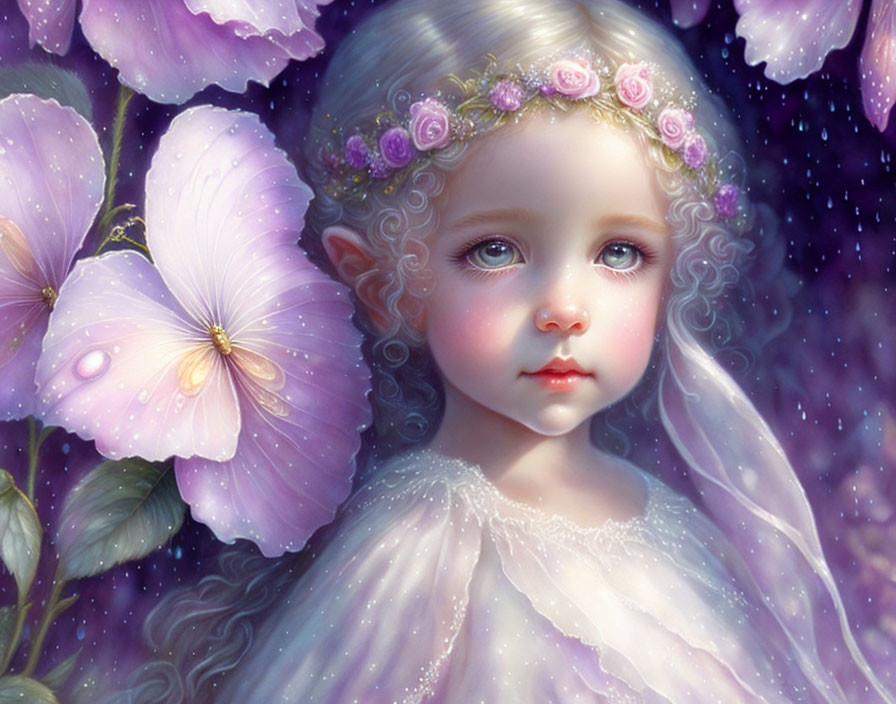 Digital artwork: Young girl with blue eyes, flower crown, and purple flowers in mystical setting