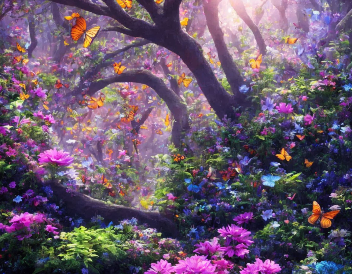 Colorful flowers and butterflies in enchanted forest with soft light