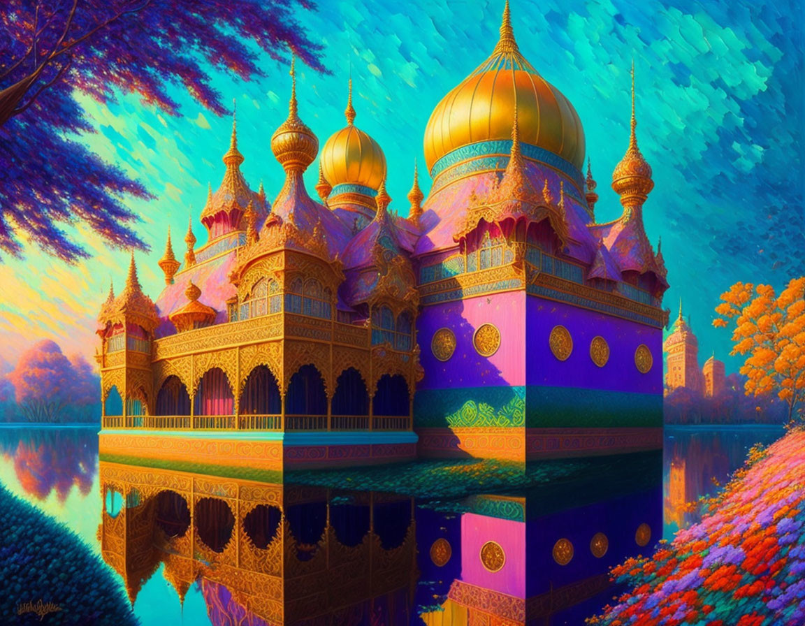 Fantastical palace with golden domes in autumnal landscape.