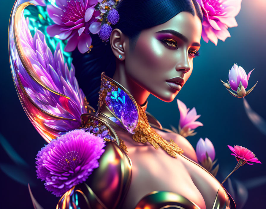 Digital artwork featuring woman with vibrant flowers and gold jewelry on moody blue background