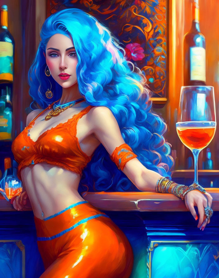 Vibrant blue-haired woman in belly dancer outfit against bar backdrop