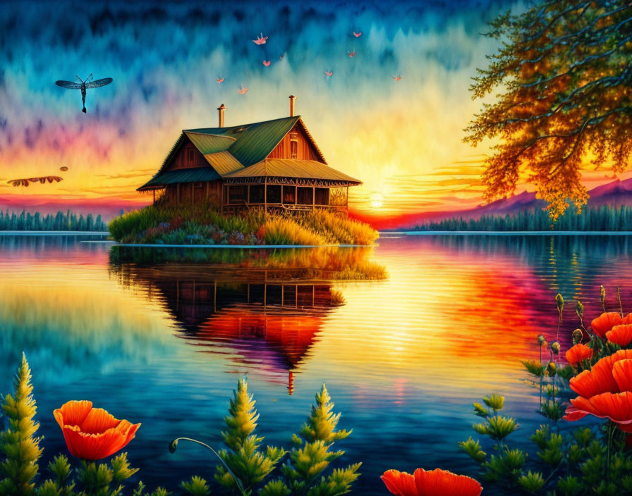 Scenic sunset over lake with wooden house reflection and birds in flight