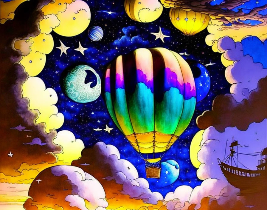 Colorful hot air balloon flies in starry night sky with planets and sailing ship