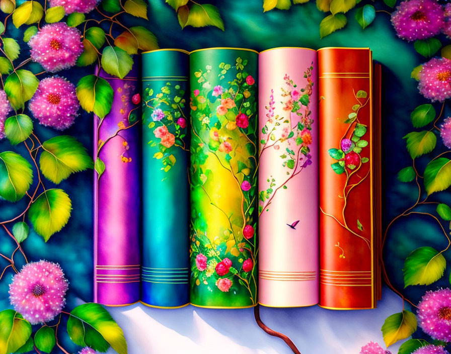 Colorful Painted Books with Floral Designs on Green Leaves and Pink Flowers