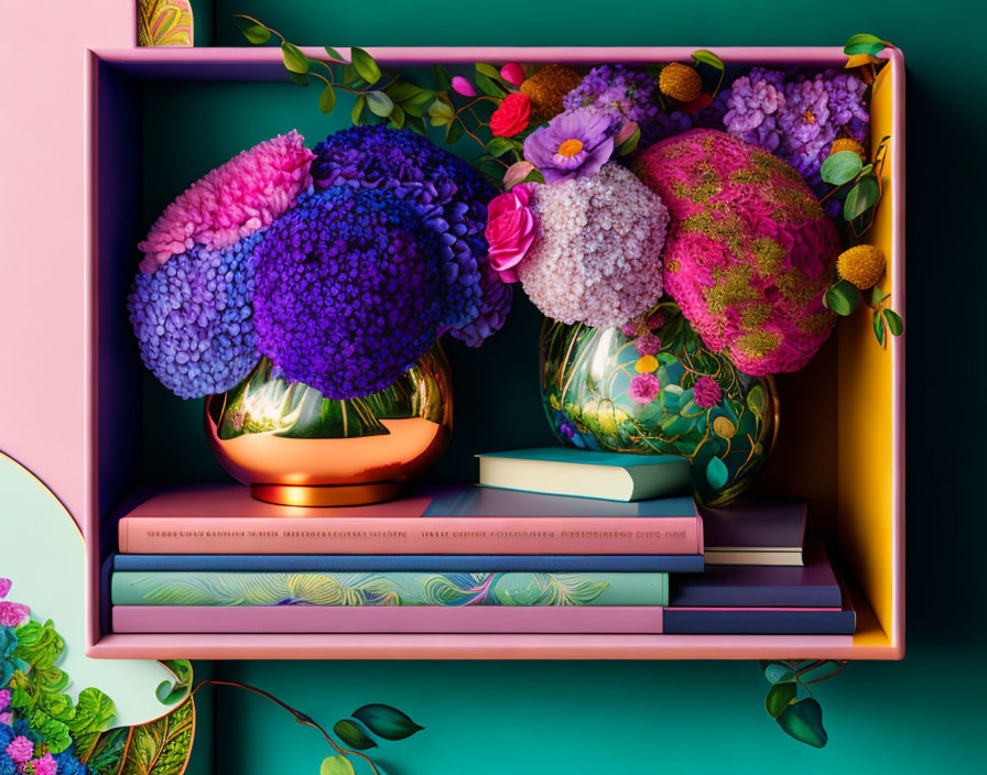 Colorful Still Life with Books, Vases & Flowers