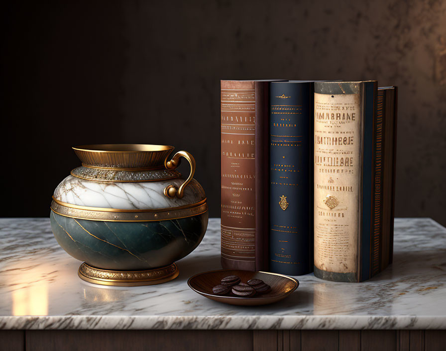 Golden jar with green marble design, books, and biscuits on marble countertop