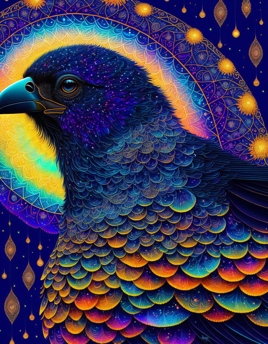 Colorful Raven Illustration with Celestial Motifs and Intricate Patterns