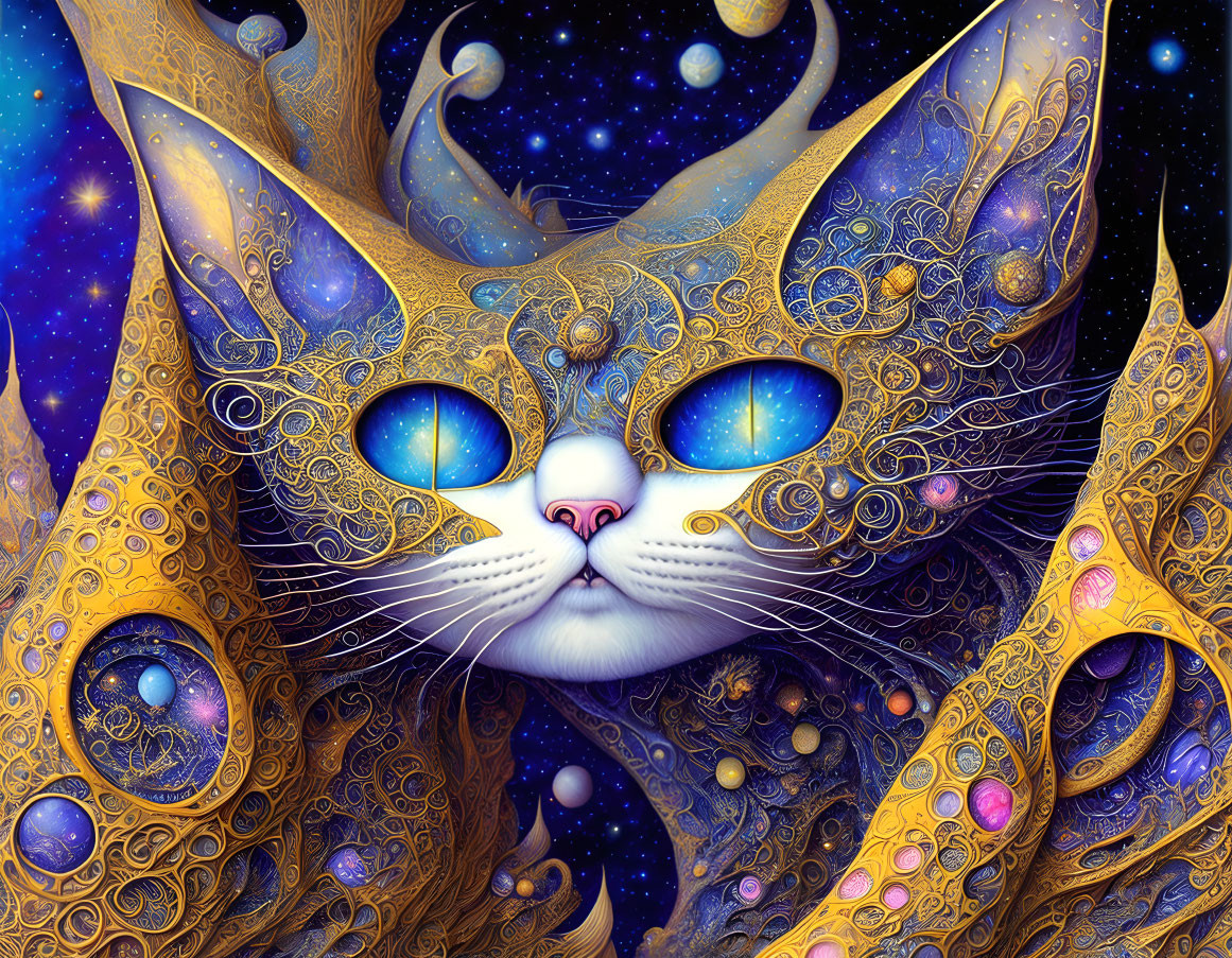 Colorful Stylized Cat Artwork with Cosmic Patterns and Celestial Bodies