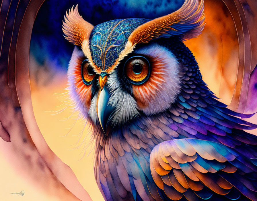 Colorful Owl Illustration with Orange, Blue, & Purple Feathers