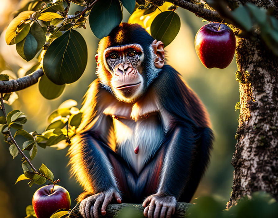 Colorful monkey on tree branch with green leaves and red apples under sunlight.